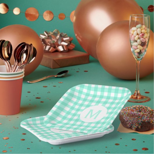 Eenvoudig Basic Mint Groen Gingham Monogram Papieren Bordje (Multi)