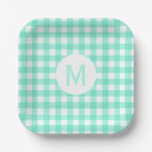 Eenvoudig Basic Mint Groen Gingham Monogram Papieren Bordje (Voorkant)