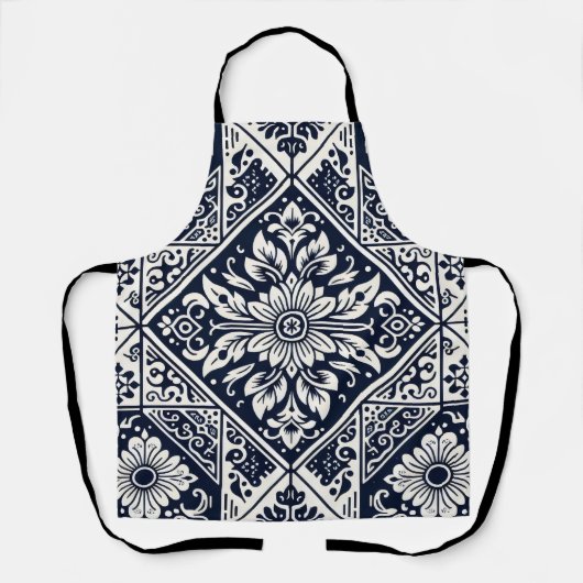 Eenvoudig Batik Blauw en Wit Tegels Patroon Ontwer Schort (Voorkant)