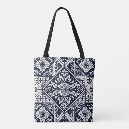 Eenvoudig Batik Blauw en Wit Tegels Patroon Ontwer Tote Bag (Achterkant)