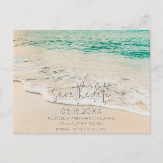 Eenvoudig Beach Weddenschap Budget sparen de Datum Aankondigingskaart (Voorkant)