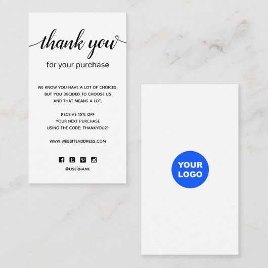 Eenvoudig bedankt voor je aankoop Voeg Logo toe Visitekaartje (Voorkant / Achterkant)