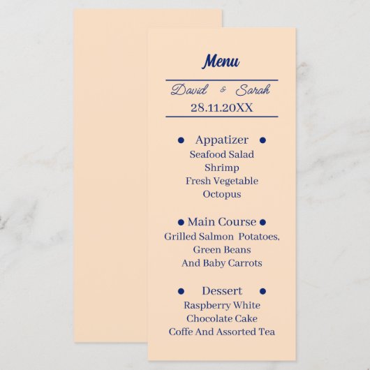 Eenvoudig beige gepersonaliseerd bruiloftsdiner menu (Voorkant / Achterkant)
