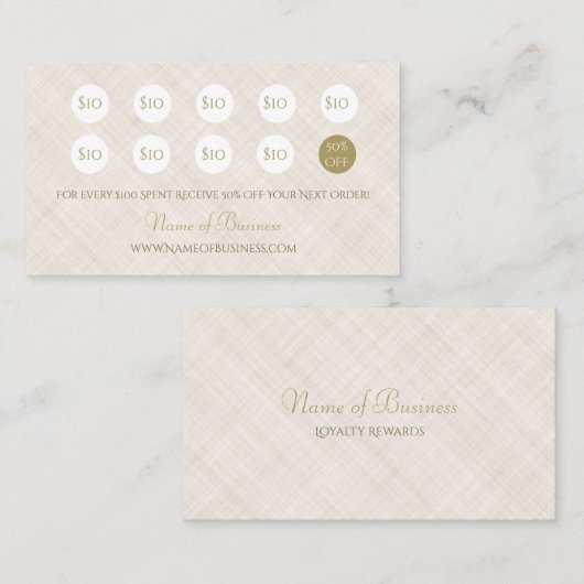 Eenvoudig beige linnen elegante gouden script loya klantenkaartje (Voorkant / Achterkant)