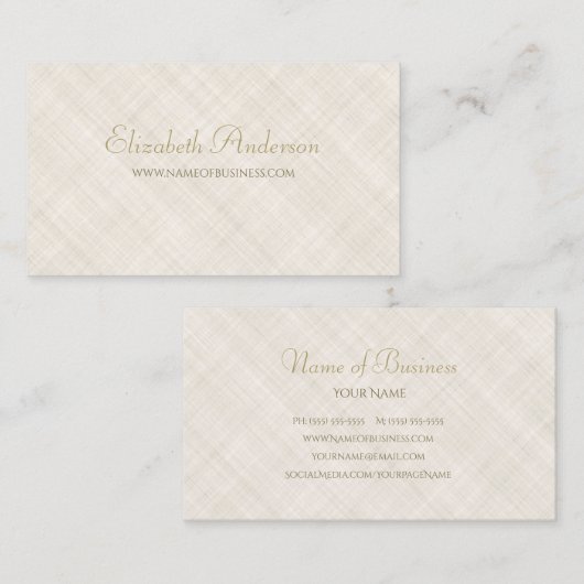 Eenvoudig Beige Linnen Patroon Elegant Gold Script Visitekaartje (Voorkant / Achterkant)