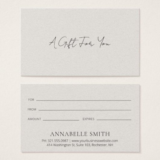Eenvoudig beige modern Elegant Gift Certificate Visitekaartje (Voorkant /achterkant)