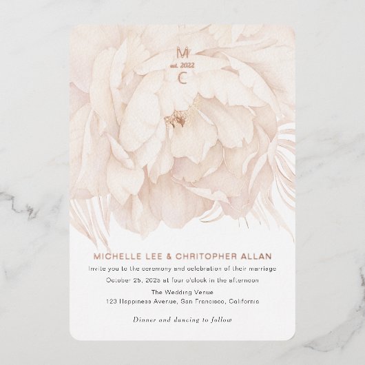 Eenvoudig beige, waterverf pony modern rosegold folie uitnodiging (Voorkant)