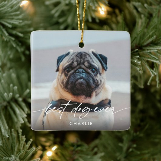 Eenvoudig Beste Hond Ooit 2 Foto Modern Script Keramisch Ornament (Boom)