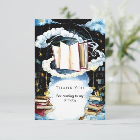 Eenvoudig bibliotheek sprookje prentenboek verjaar bedankkaart (Staand voorkant)