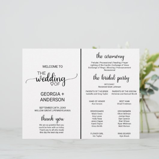 Eenvoudig 'Black Calligraphy Wedding Program Fan' (Staand voorkant)