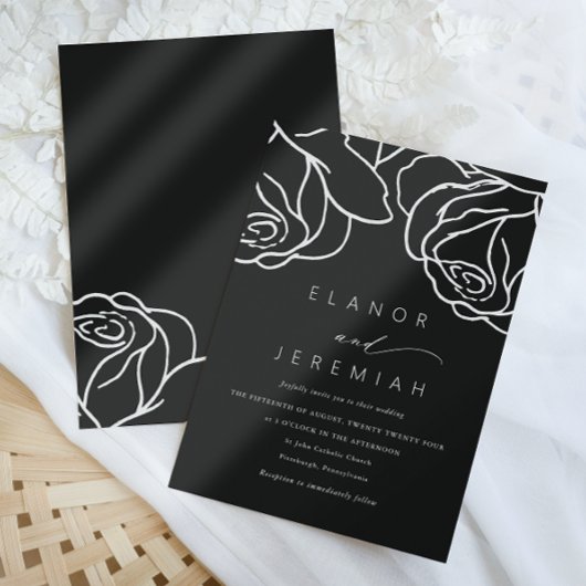 Eenvoudig 'Black Floral Calligraphy Wedding' Kaart
