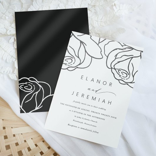 Eenvoudig 'Black Floral Calligraphy Wedding' Kaart