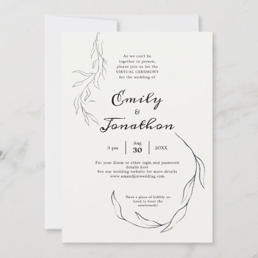 Eenvoudig Black Leaf Script Virtuele bruiloft Kaart (Voorkant)