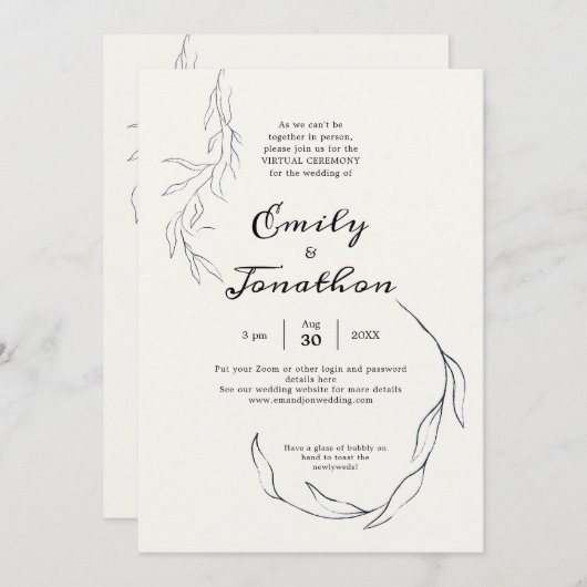 Eenvoudig Black Leaf Script Virtuele bruiloft Kaart (Voorkant / Achterkant)