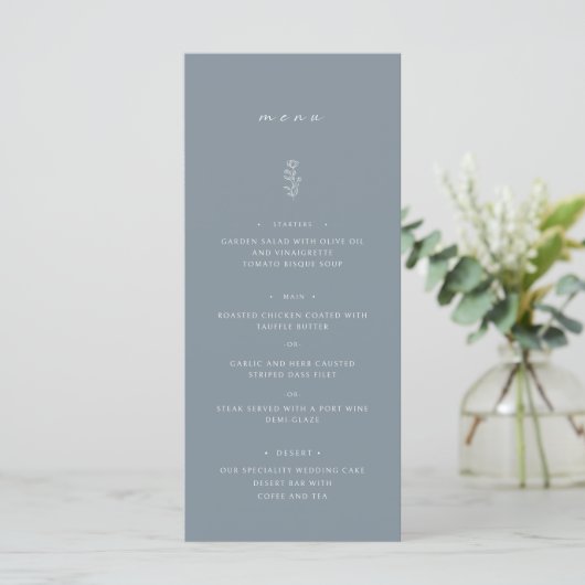 Eenvoudig blad Dusty Blue Wedding Dinner Menu (Staand voorkant)