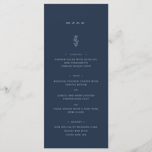 Eenvoudig Blad Marine Blauw Bruiloft Diner Menu (Voorkant)