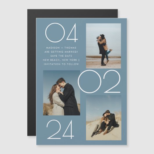 Eenvoudig Blauw 3 Foto Bruiloft Save The Date Magnetische Uitnodiging (Voorkant / Achterkant)