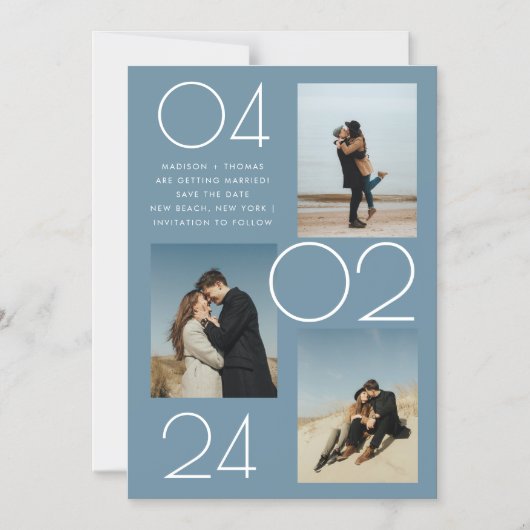 Eenvoudig Blauw 3 Foto Bruiloft Save The Date Magnetische Uitnodiging (Voorkant)