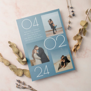 Eenvoudig Blauw 3 Foto Bruiloft Save The Date Magnetische Uitnodiging