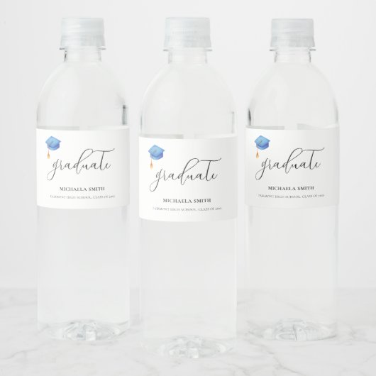 Eenvoudig blauw afstudeerkapscript Afstuderen Waterfles Etiket (Flessen)