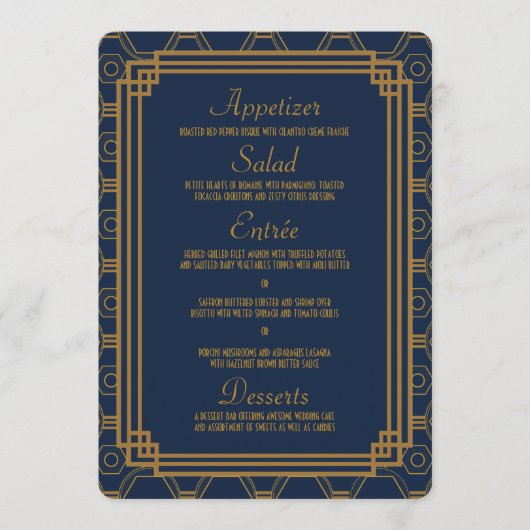 Eenvoudig blauw Art Deco Bruiloft Menu Kaarten (Voorkant)