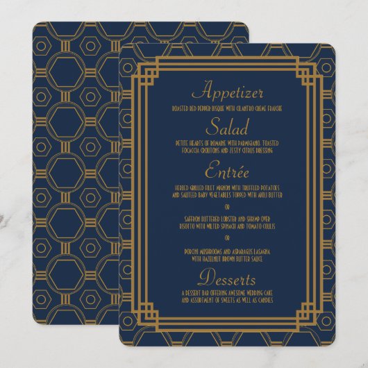 Eenvoudig blauw Art Deco Bruiloft Menu Kaarten (Voorkant / Achterkant)