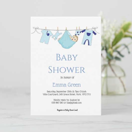 Eenvoudig blauw Baby shower voor tekenjongen Kaart (Staand voorkant)