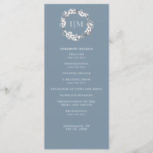 Eenvoudig Blauw Bloemen Monogram Trouwprogramma Programmakaart