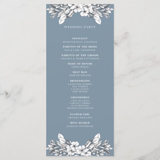 Eenvoudig Blauw Bloemen Monogram Trouwprogramma Programmakaart (Achterkant)