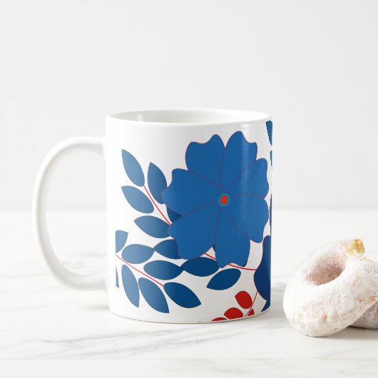Eenvoudig blauw bloemen vector ontwerp koffiemok (Met donut)
