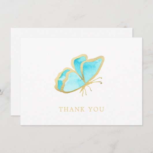 Eenvoudig Blauw en Gouden Vlinder Elegant Bedankkaart (Voorkant / Achterkant)