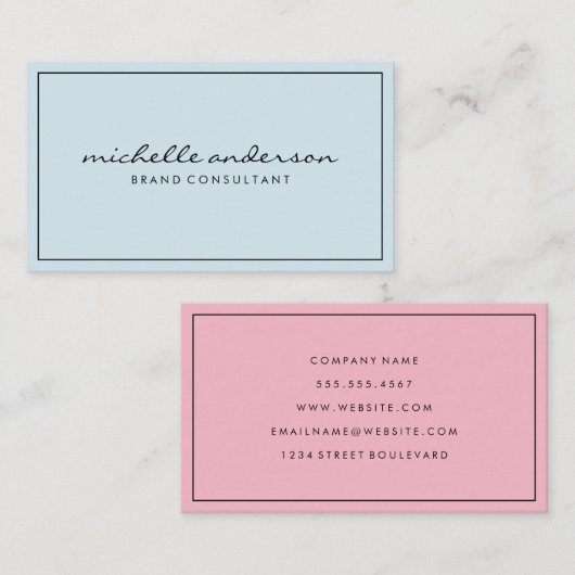 Eenvoudig blauw en roze met rand visitekaartje (Voorkant / Achterkant)