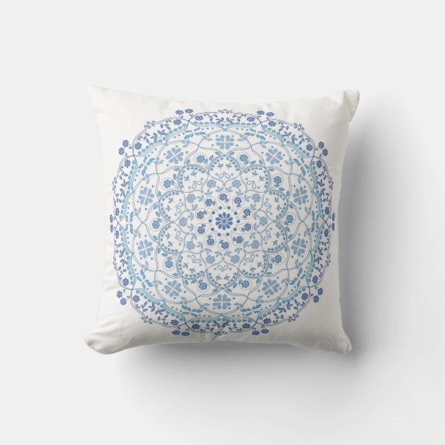 Eenvoudig blauw en wit Elegant Bloemen Mandala Kussen (Voorkant)