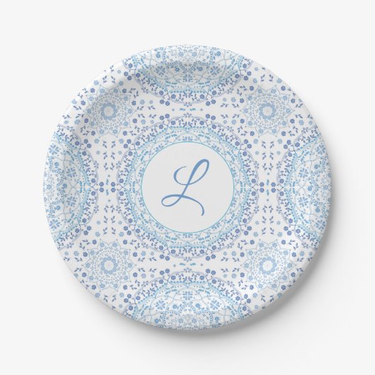 Eenvoudig blauw en wit Elegant Bloemen Mandala Papieren Bordje (Voorkant)