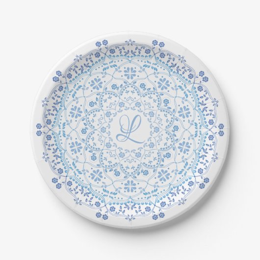 Eenvoudig blauw en wit Elegant Bloemen Mandala Papieren Bordje (Voorkant)