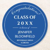 Eenvoudig blauw en wit Modern 2025 Afstuderen Ronde Kartonnen Onderzetter (Voorkant)