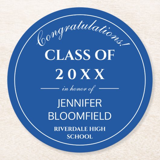 Eenvoudig blauw en wit Modern 2025 Afstuderen Ronde Kartonnen Onderzetter (Voorkant)