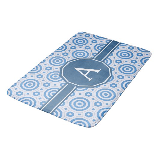 Eenvoudig blauw en wit modern geometrisch monogram badmat (Gekanteld)