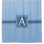 Eenvoudig blauw en wit modern geometrisch monogram douchegordijn (Voorkant)