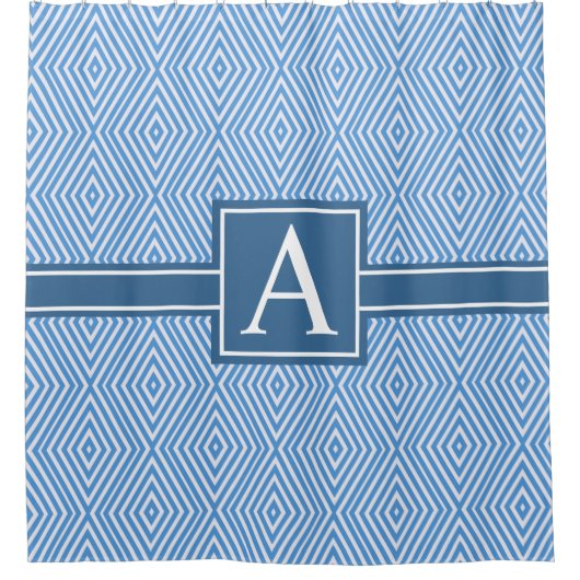 Eenvoudig blauw en wit modern geometrisch monogram douchegordijn (Voorkant)