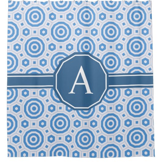 Eenvoudig blauw en wit modern geometrisch monogram douchegordijn (Voorkant)