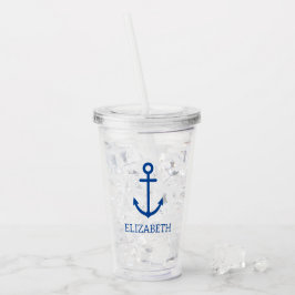 Eenvoudig blauw en wit nautisch anker gepersonalis acryl drinkbeker