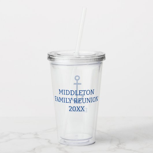 Eenvoudig blauw en wit nautisch anker gepersonalis acryl drinkbeker (Achterkant)