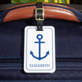 Eenvoudig blauw en wit nautisch anker gepersonalis bagagelabel