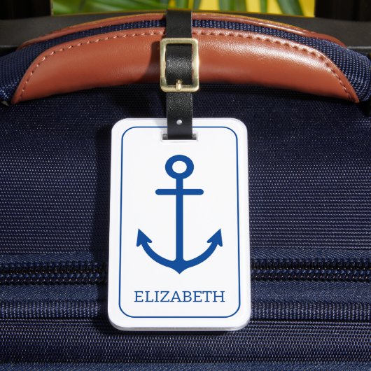 Eenvoudig blauw en wit nautisch anker gepersonalis bagagelabel (Voorkant Insitu 2)