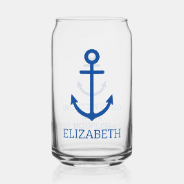 Eenvoudig blauw en wit nautisch anker gepersonalis blikvorm glas