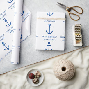 Eenvoudig blauw en wit nautisch anker gepersonalis cadeaupapier