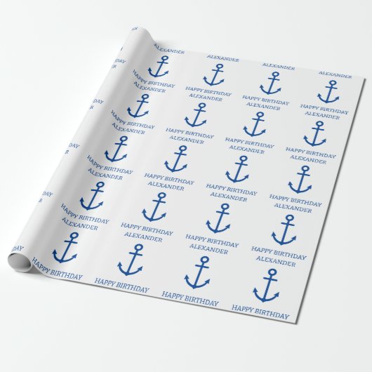 Eenvoudig blauw en wit nautisch anker gepersonalis cadeaupapier (Uitgerold)