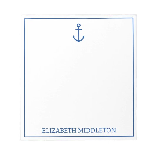 Eenvoudig blauw en wit nautisch anker gepersonalis notitieblok (Voorkant)