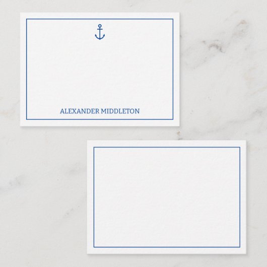 Eenvoudig blauw en wit nautisch anker gepersonalis notitiekaartje (Voorkant / Achterkant)